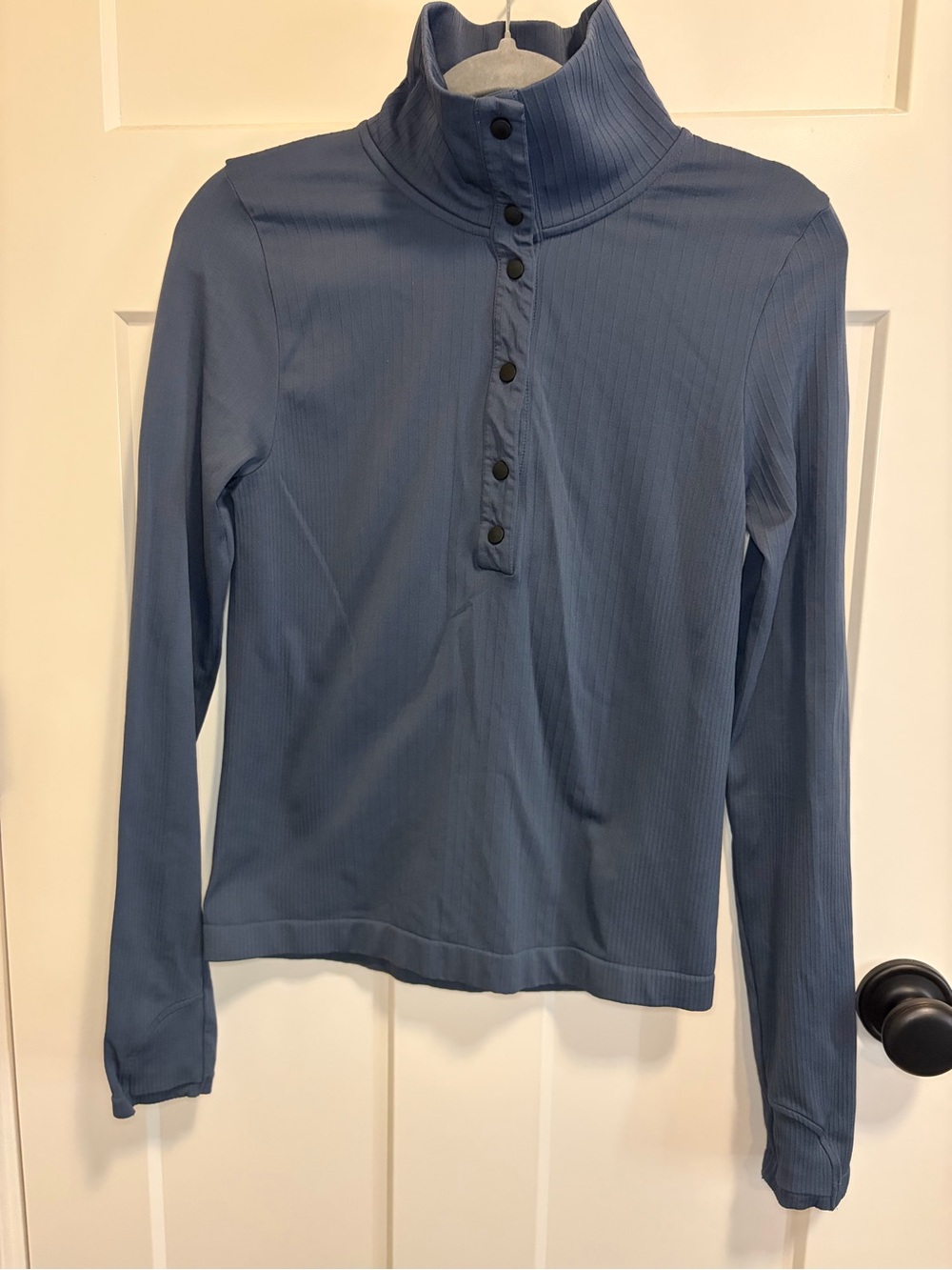 Athleta Ribbed Mock Neck Button-Front Long Sleeve Top - Blue Size S
